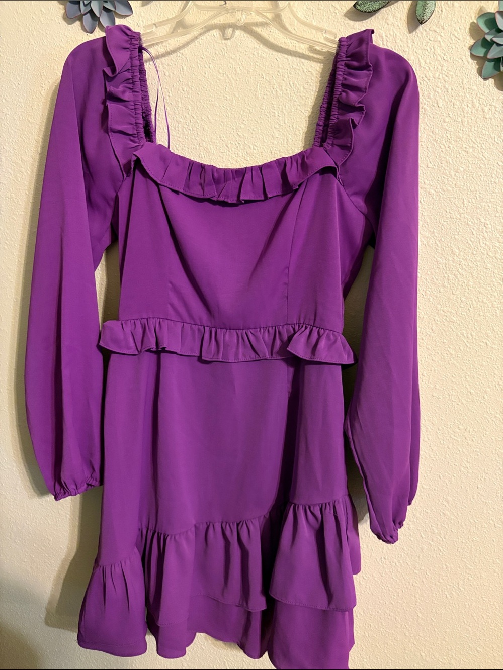 Ruffled Long-Sleeve Mini Dress in Vibrant Purple